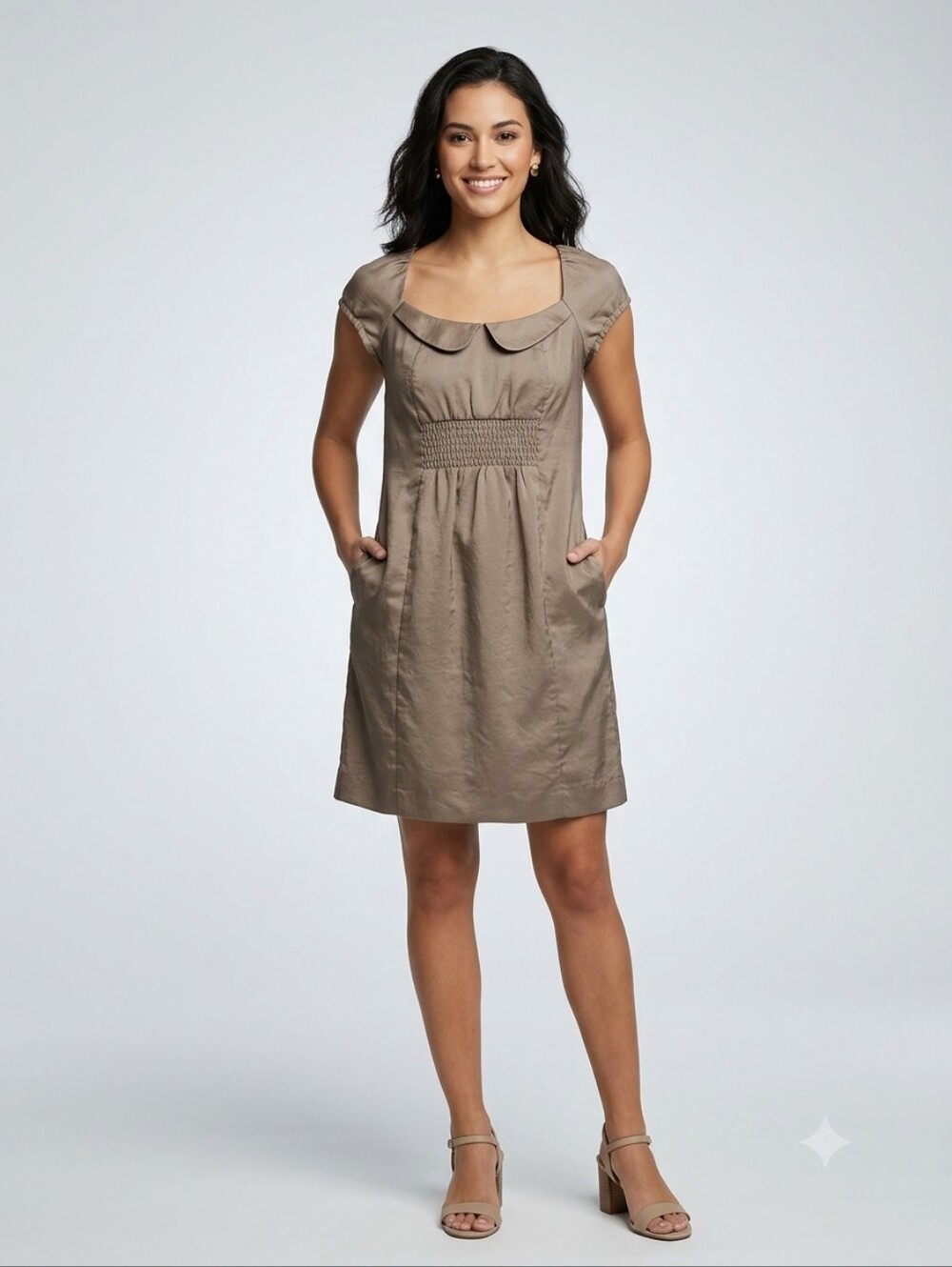Anthropologie Maeve Taupe Cap Sleeve Dress Pockets Smocked Waist Retro Size 0
